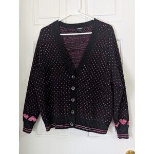 Torrid V Neck Cardigan Sweater Womens 2X Black Pink Heart Button Down Tight Knit